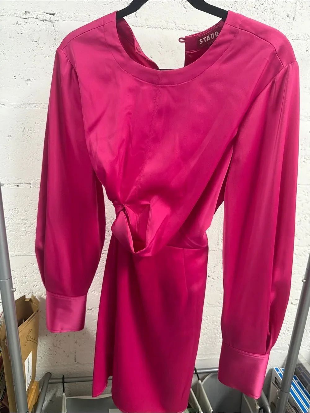 STAUD Hot Pink Long-Sleeve Twist-Detail Dress - Size Medium Like New